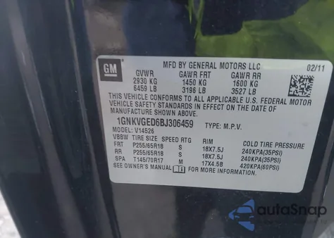 2011 Chevrolet Traverse Lt из США, поврежденный, VIN 1GNKVGED6BJ306459